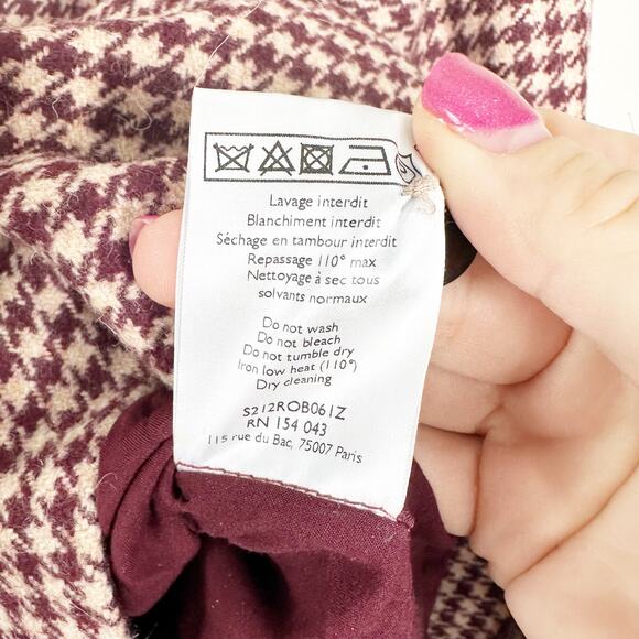 Sezane Erza Burgundy Mini Houndstooth Wool Button Shoulder Mini Dress EU 34 US 2 - Picture 8 of 10